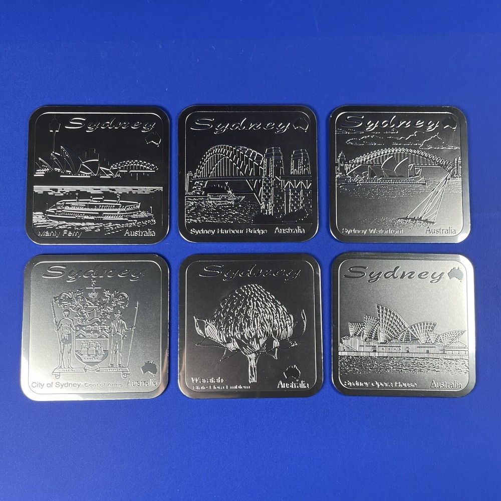Riga Set of 6 Silver Etched South Australia‎ Sydney Etched Drink Coasters